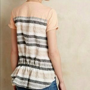 Anthro Little Yellow Button Peach Stripe Print Top